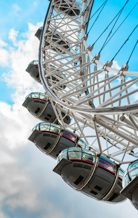 Close-up view of the London Eye against a cloudy sky.