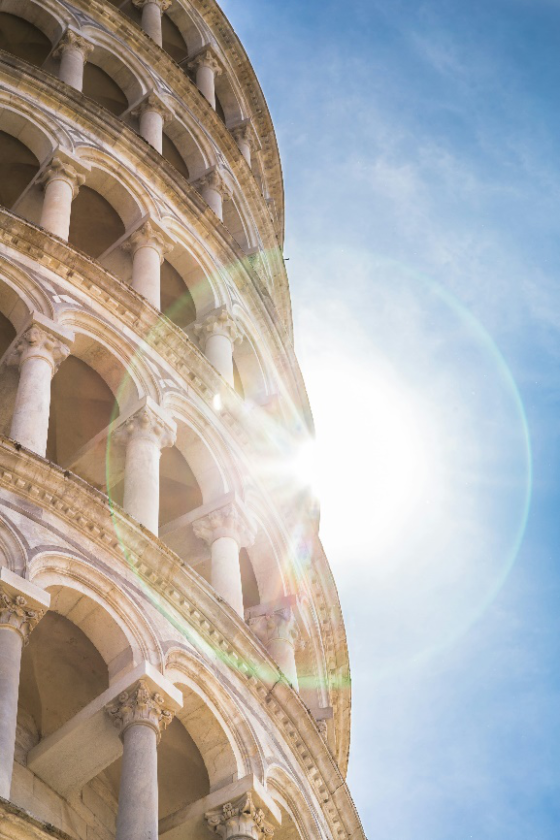 Sunburst behind the Leaning Tower of Pisa.