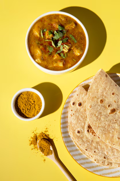 A plate of Caribbean-style chicken curry with roti, garnished with fresh herbs and spices.