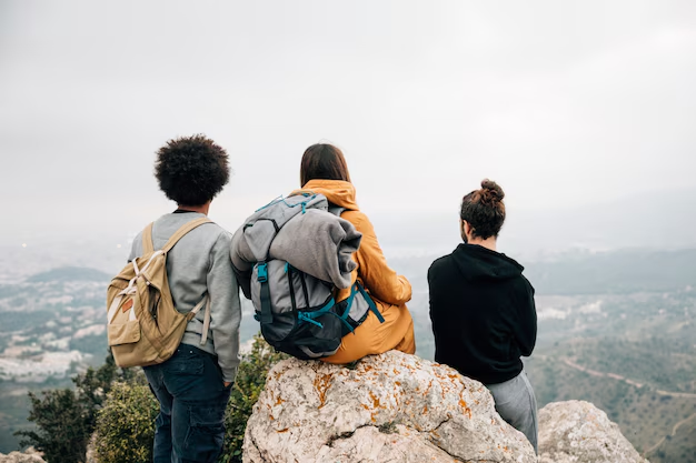A group of friends sitting together, enjoying the scenic view after a hike.