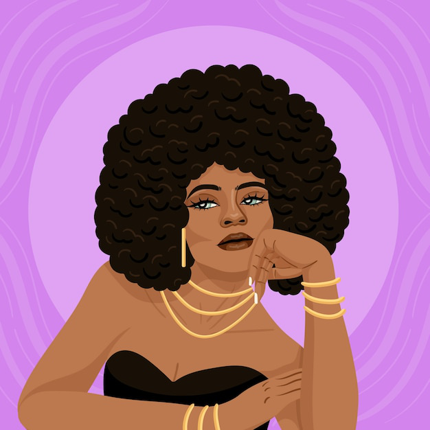 Illustrated woman with natural afro hairstyle wearing gold jewelry on a purple background