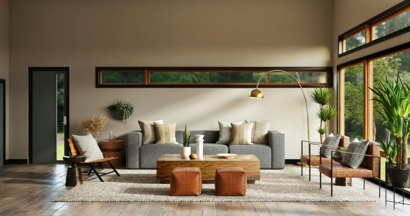 Stylish living room with modern furniture and indoor plants