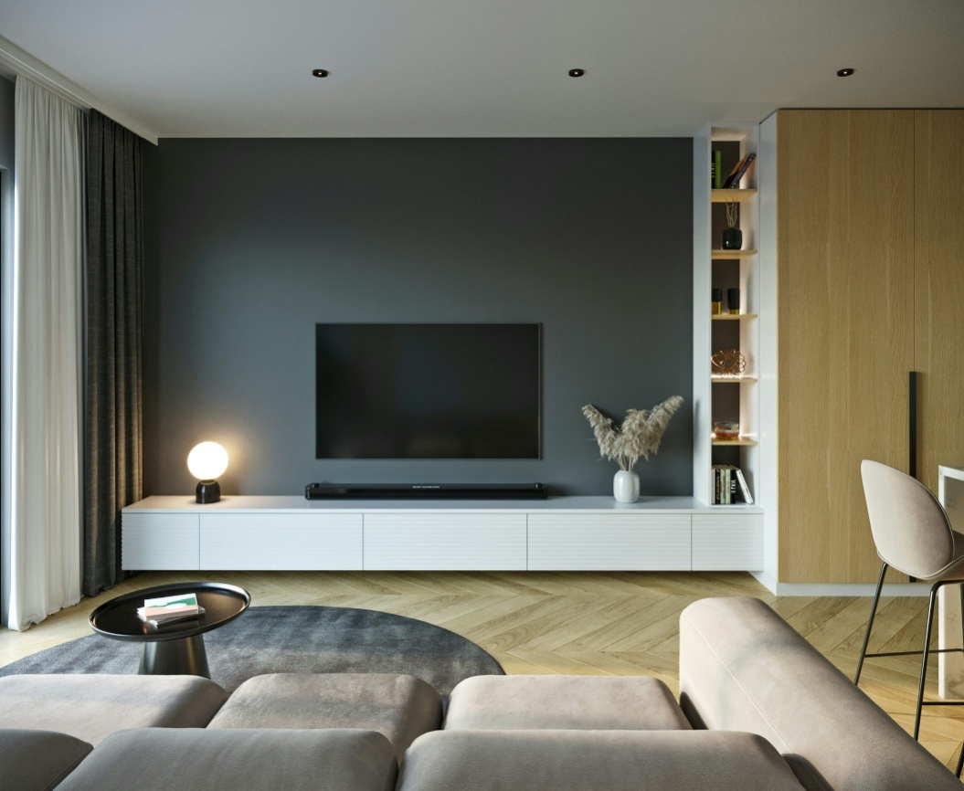 Contemporary TV wall with neutral tones and soft lighting